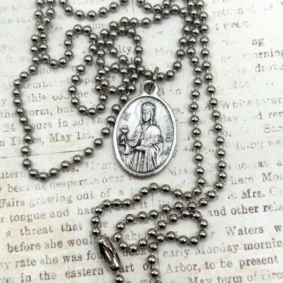 St. Saint Barbara Religious Medal Charm Pendant Long Steel Chain Necklace - Picture 4 of 9